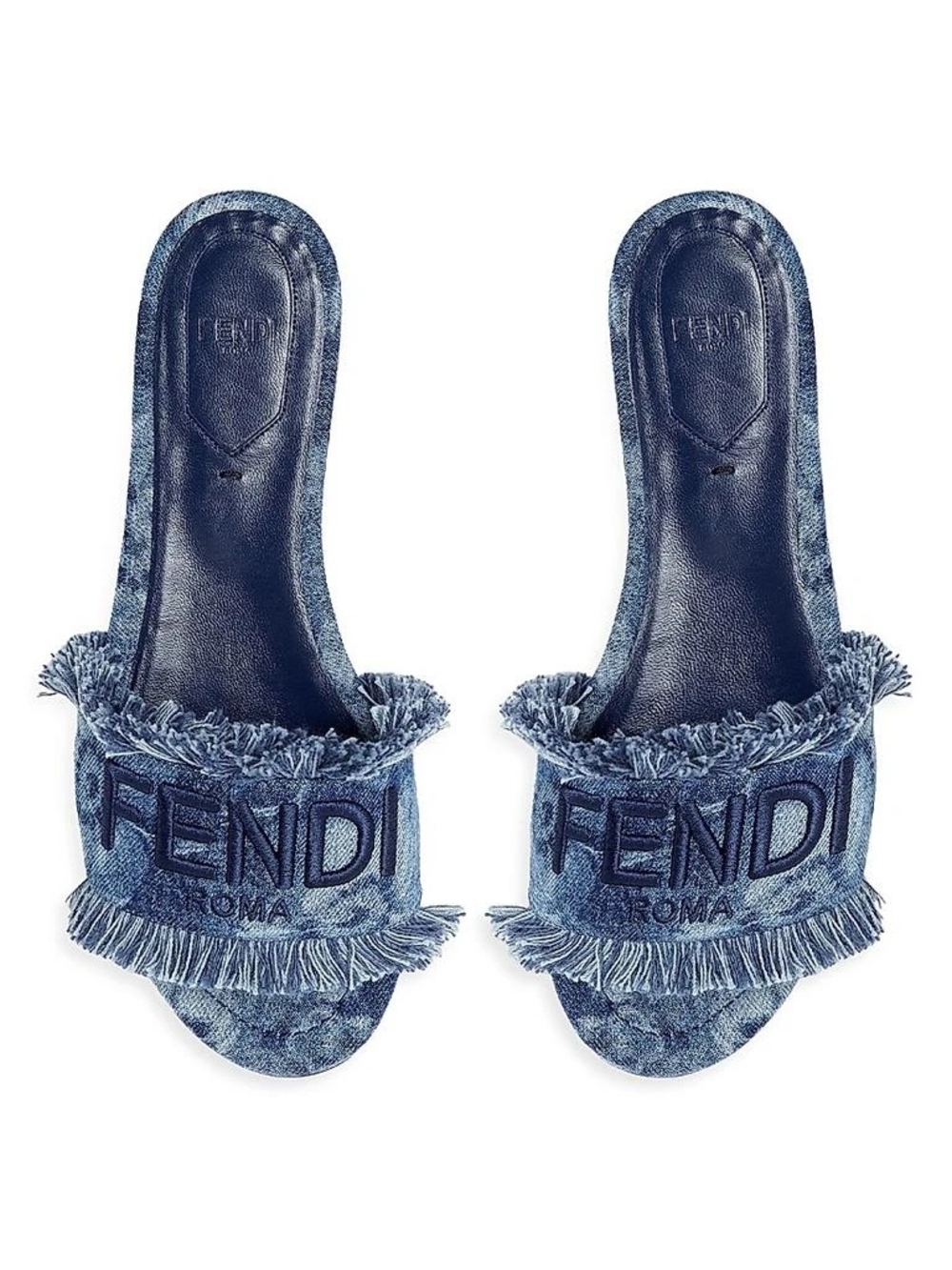 📣SOLD OUT! Fendi Blue Denim Fringe Logo Slide Mules - Picture 2 of 3